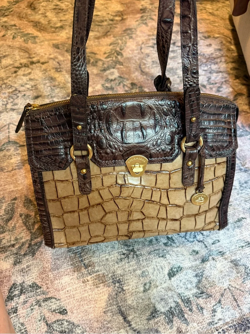 Women's Two-Tone Croc-Embossed Tote Bag in Brown and Tan
